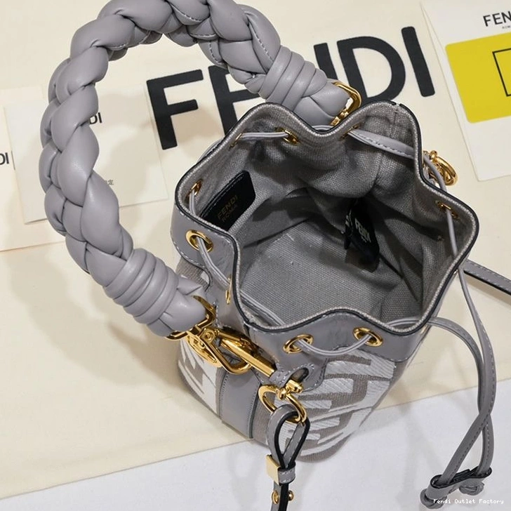 Vintage HOT Tresor Mon Grey Bag Fendi Canvas FF Motif Bucket with In Handle Woven Mini 0813
